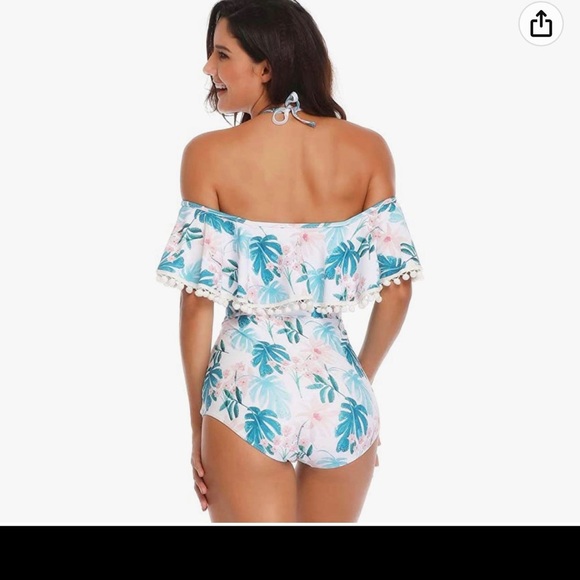 Heat Move Women High Waisted Retro Flounce Off Shoulder Two Piece Swimsuit - Picture 2 of 6